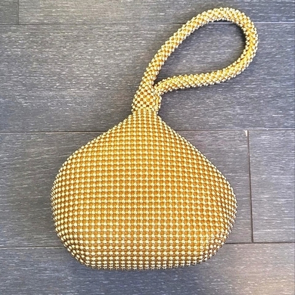 Women Ball Mesh Wristlet Yellow Gold Pouch Handle Bag Glitter Triangle Clutch - Picture 4 of 7